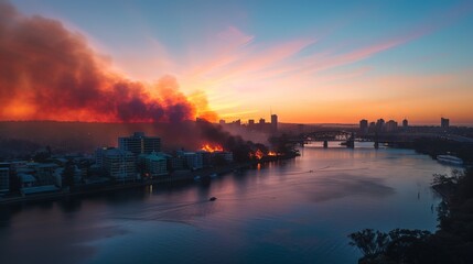 Fototapeta premium A fire along the Brisbane River was captured from the Wilson Lookout and Story Bridge viewpoints.
