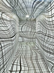 White psychedelic hallway with black curved lines.