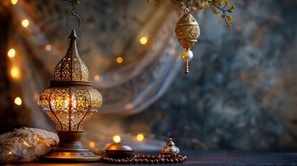A golden Ramadan lamp with decorative designs and a rosary. A backdrop for Islamic festivities.