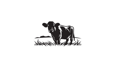 Cattle Angus Cow & Grass silhouette livestock farm black logo design on white background