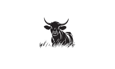 Cattle Angus Cow & Grass silhouette livestock farm black logo design on white background