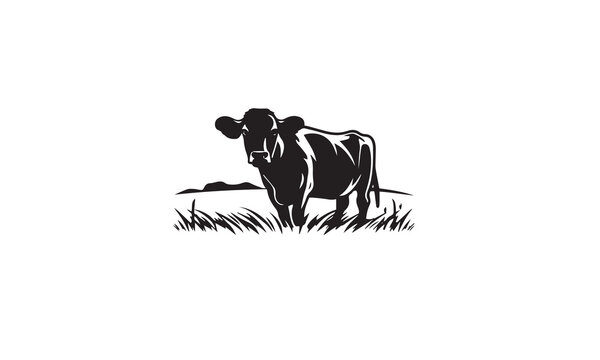 Cattle Angus Cow & Grass silhouette livestock farm black logo design on white background