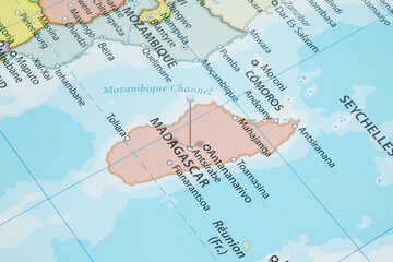 Close up to a Antsirabe city with a white pin needle into Madagascar country political map 