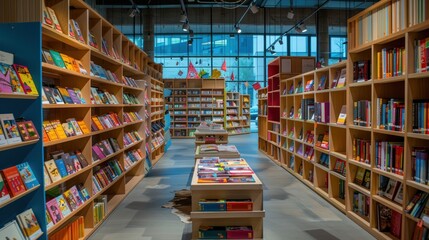 Fototapeta premium Rows of different colorful books lying on the shelves in the modern urban bookshop