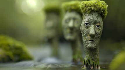 Fototapeta premium An expertly composed photograph of a forest scene diorama with tree figurines that have detailed expressive faces and a river flowing upwards creating a surreal enchanting atmosphere