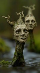 An expertly composed photograph of a forest scene diorama with tree figurines that have detailed expressive faces and a river flowing upwards creating a surreal enchanting atmosphere