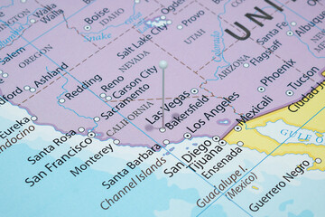 Close up to a Bakersfield city with a white pin needle into United States of America country...