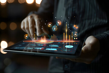 Business man holding a digital tablet to analyze the stock market graphs and charts