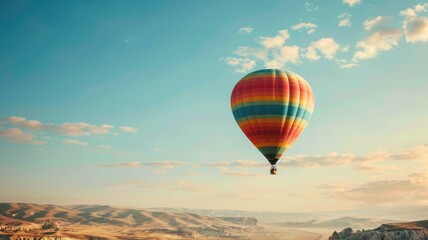 Obraz premium Colorful hot air balloon floating in clear sky over vast, scenic landscape