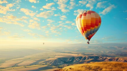Obraz premium Vibrant hot air balloons soar above scenic, rolling plains beneath bright, blue sky