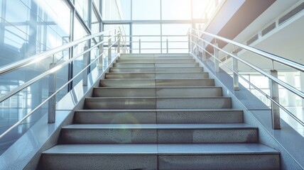 Obraz premium Modern indoor staircase with metal railings in brightly lit area