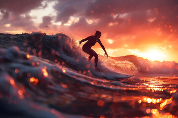 Woman surfing in the sunset