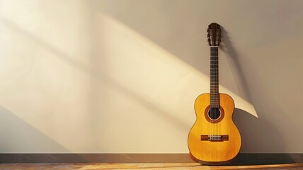 Classical acoustic guitar resting against wall with warm lighting