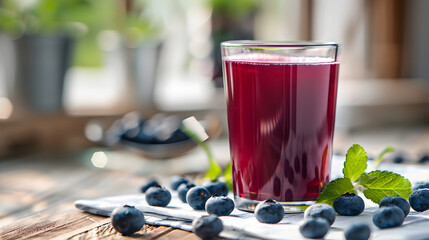 A glass of purple juice is on a table with blueberries and mint leaves