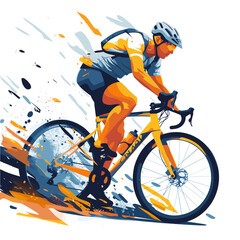 A man is riding a bicycle with a backpack on. The man is wearing a helmet and is in the middle of a race. The image has a dynamic and energetic feel to it, with the man's movement