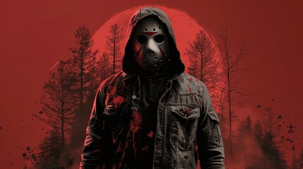 Creepy hockey masked figure standing in dark forest at night