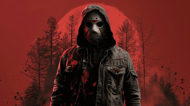 Creepy hockey masked figure standing in dark forest at night