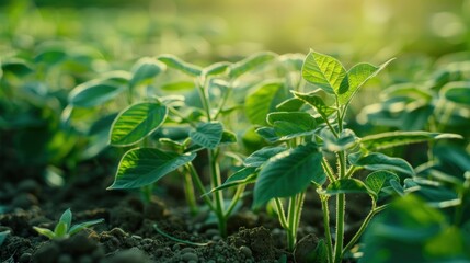 Soybean growth in farm with green leaf background. Agriculture plant seeding growing step concept