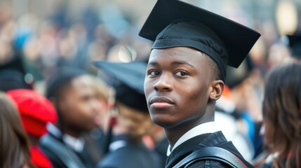 Fototapeta premium Standing amidst the crowd of graduates, a young man wears a graduation hat