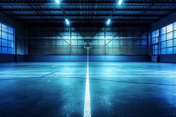 Indoor basketball court with single hoop, lit by bright overhead lights. The floor is painted with lines for play. Empty , ready for action