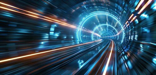 Futuristic Train Traveling Through a Blue Lit Tunnel