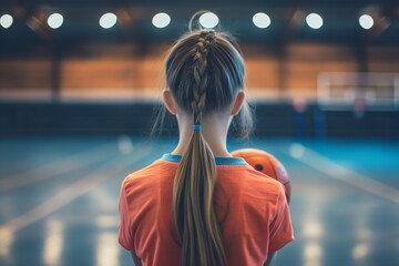 Young girl, with her hair in braid, stands in an indoor sports arena, holding a handball