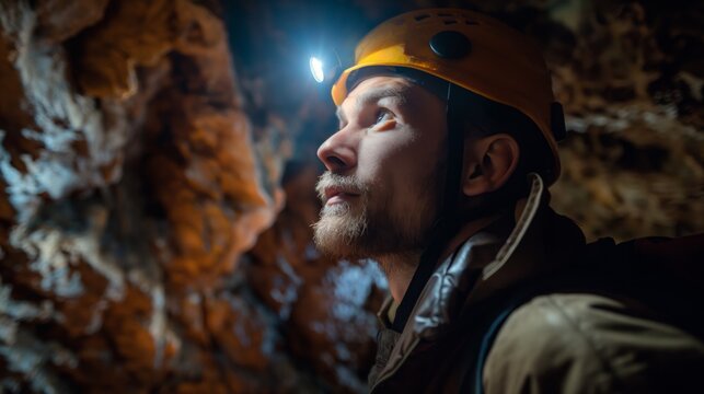 Man wearing a headlamp and helmet explores dark cave, digger looking up at the ceiling formations