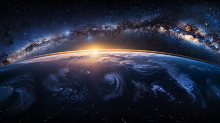 Milky Way Galaxy Over Earth Horizon at Sunrise
