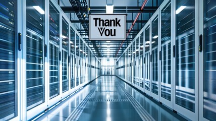 Modern server room with "Thank You" sign