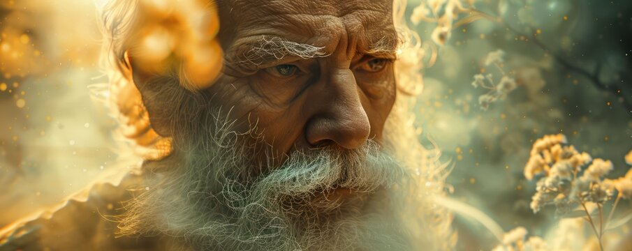 Elderly Man Surrounded by Nature, Embracing Tranquility and Harmony, A Portrait of Peace and Serenity, Golden Light Bathes His Face, Whispers of Wisdom and Experience Radiate from His Eyes, A Symbol