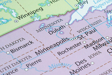 Macro photography of Minnesota state of United States of america political map with most important cities and frontiers