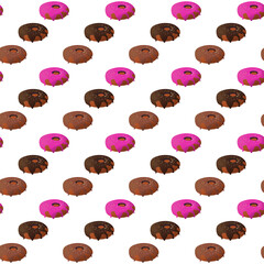 Donuts. Round buttery sweet pastries decorated with confectionery pamada. Delicious national American dessert. Seamless pattern.