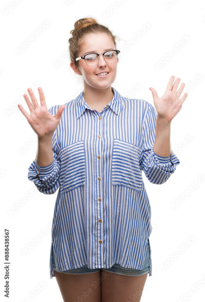 Poster young blonde business woman showing and pointing up with fingers number ten while smiling confident 