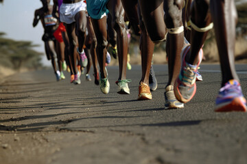 A group of people are running in a race, with their feet and legs visible, generative ai image.