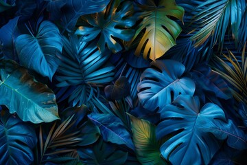 Fototapeta premium Tropical leaves illuminated with blue and green light