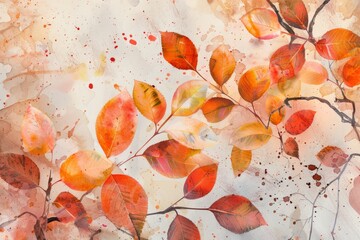 Artistic and vibrant watercolor painting depicting falling autumn leaves from a tree branch, creating a beautiful and serene natural scene