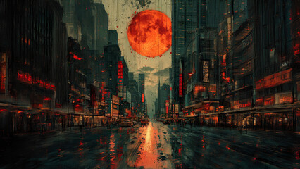 Graphic Design illustration, set in a urban city sunsetting, in the style of adult graphic novel