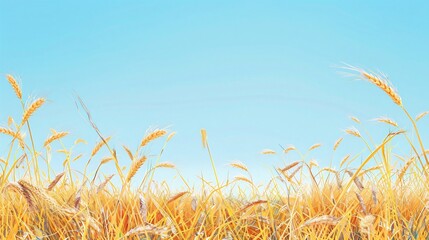Obraz premium Gold wheat field against the blue sky. Rural landscape, ears of wheat on a blue background with copy space , rich harvest concept.