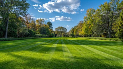 Obraz premium green grass manicured lawn and green forest trees at background. green natural landscape background.