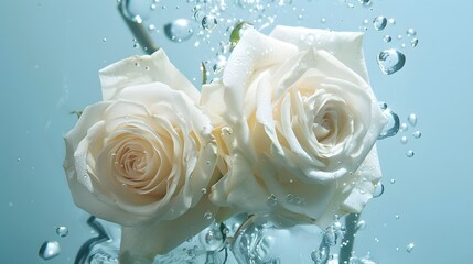 Abstract background, White roses inside in water on a white and blue background
