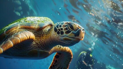 Obraz premium Green Sea Turtle and Scuba Diver