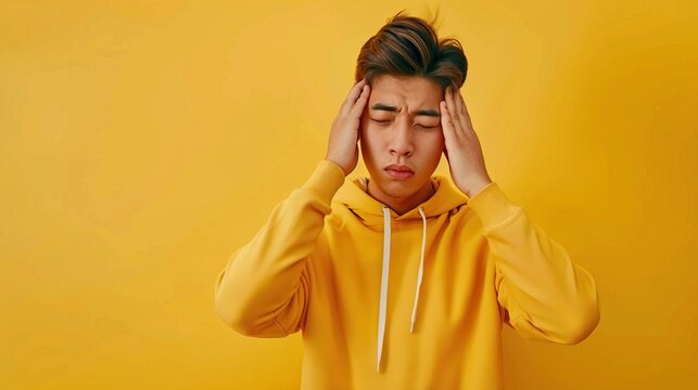 Young Asian man stressed  touching temples  isolated on yellow.