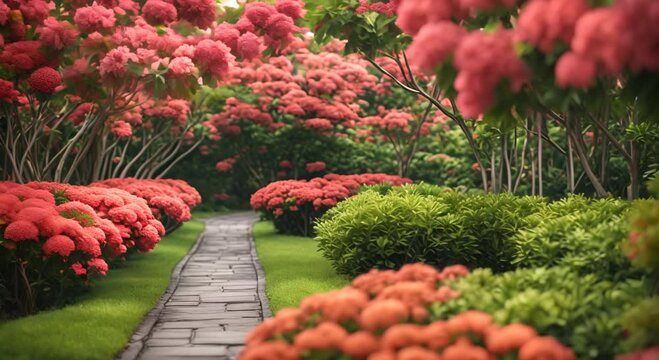Serene beauty of a garden pathway surrounded by blooming ixora flowers 4k animation