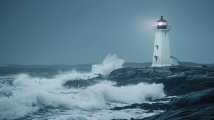 Lighthouse on rocky shore with crashing waves in stormy sea