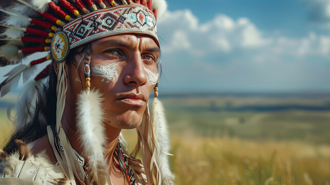 American native aboriginal man, International Day of the World's Indigenous Peoples, banner copy space