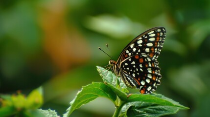 Obraz premium Butterfly with spotted wings rests delicately on a leaf