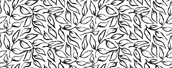 Abstract outlined leaves and branches seamless pattern. Hand drawn black brush painted plants. Botanical seamless background. Organic nature symbol texture print. Doodle leaves wallpaper.