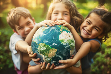 Three children are holding a globe in their hands, smiling and looking happy, generative ai image.