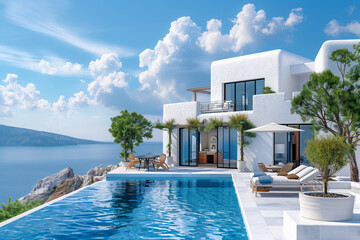 Fototapeta premium white villa with pool and terrace overlooking the sea in greece, summer vacation concept, panoramic view of cozy home exterior design 