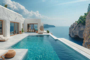Fototapeta premium white villa with pool and terrace overlooking the sea in greece, summer vacation concept, panoramic view of cozy home exterior design 